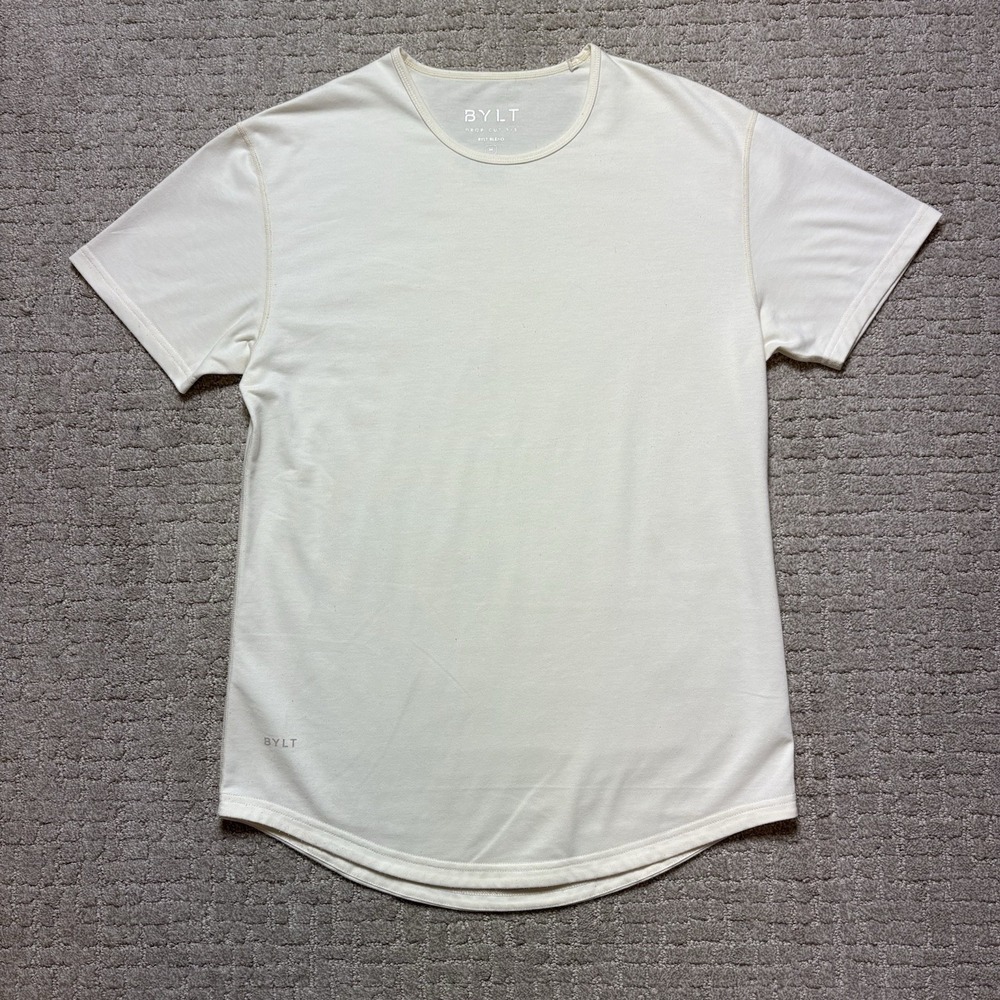 BYLT Shirt Mens M Ivory Drop-Cut BYLT Blend Tagless Stretch Tee Curved Hem